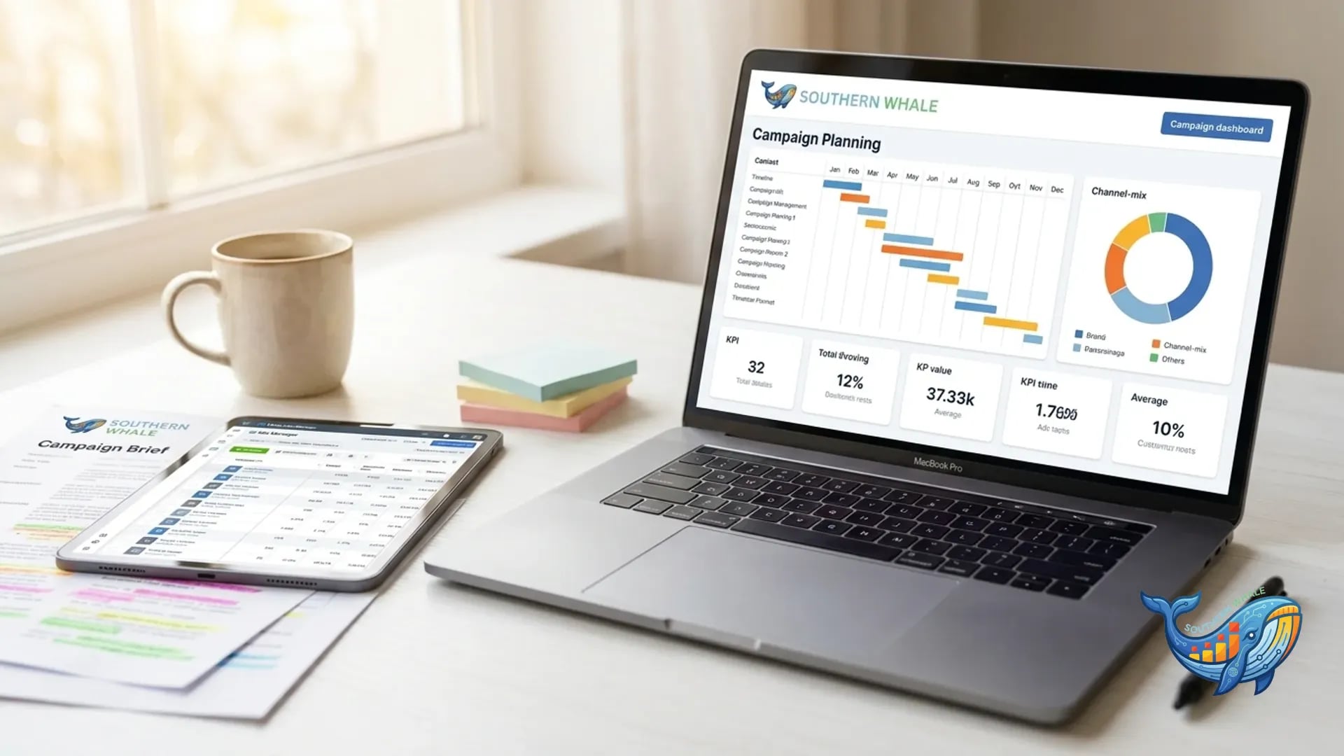 Advertising Campaign Planning Dashboard แสดง KPI + Timeline + Channel Mix
