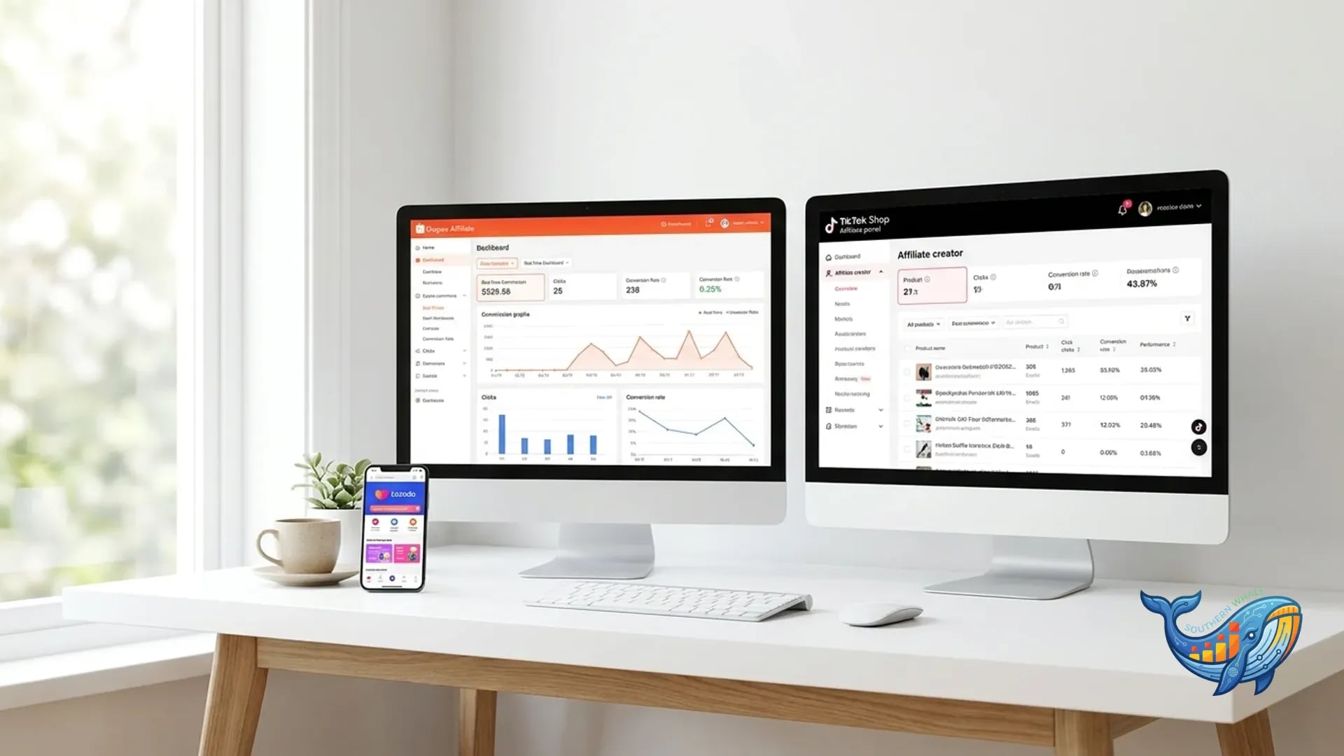 หน้าจอ Dashboard ของระบบ Affiliate Marketing แสดงยอดคอมมิชชั่น คลิก และ Conversion Rate แบบเรียลไทม์