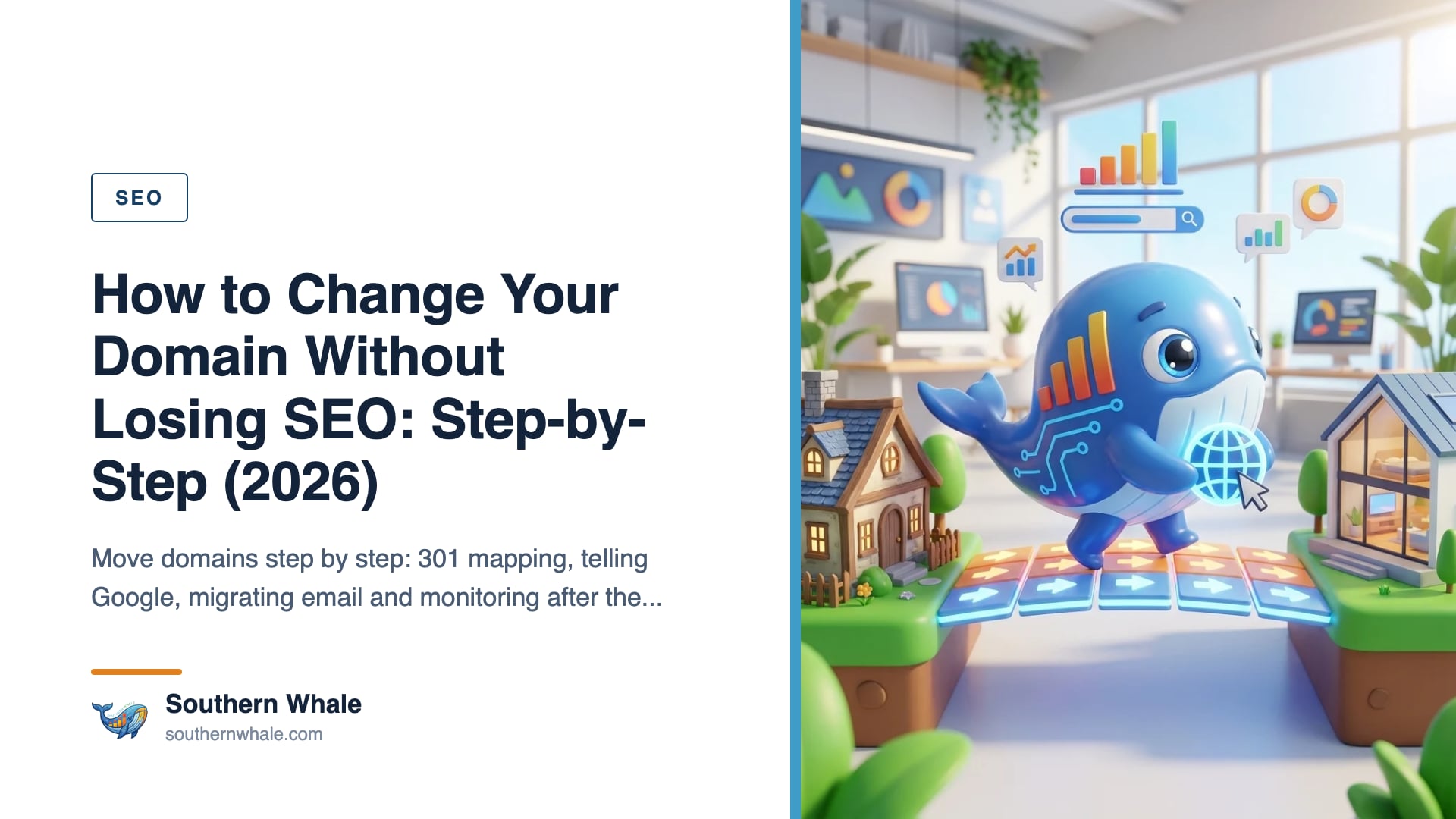 Cute whale mascot carrying boxes from an old domain house to a new one, with 301 arrow signs and a steady rankings graph