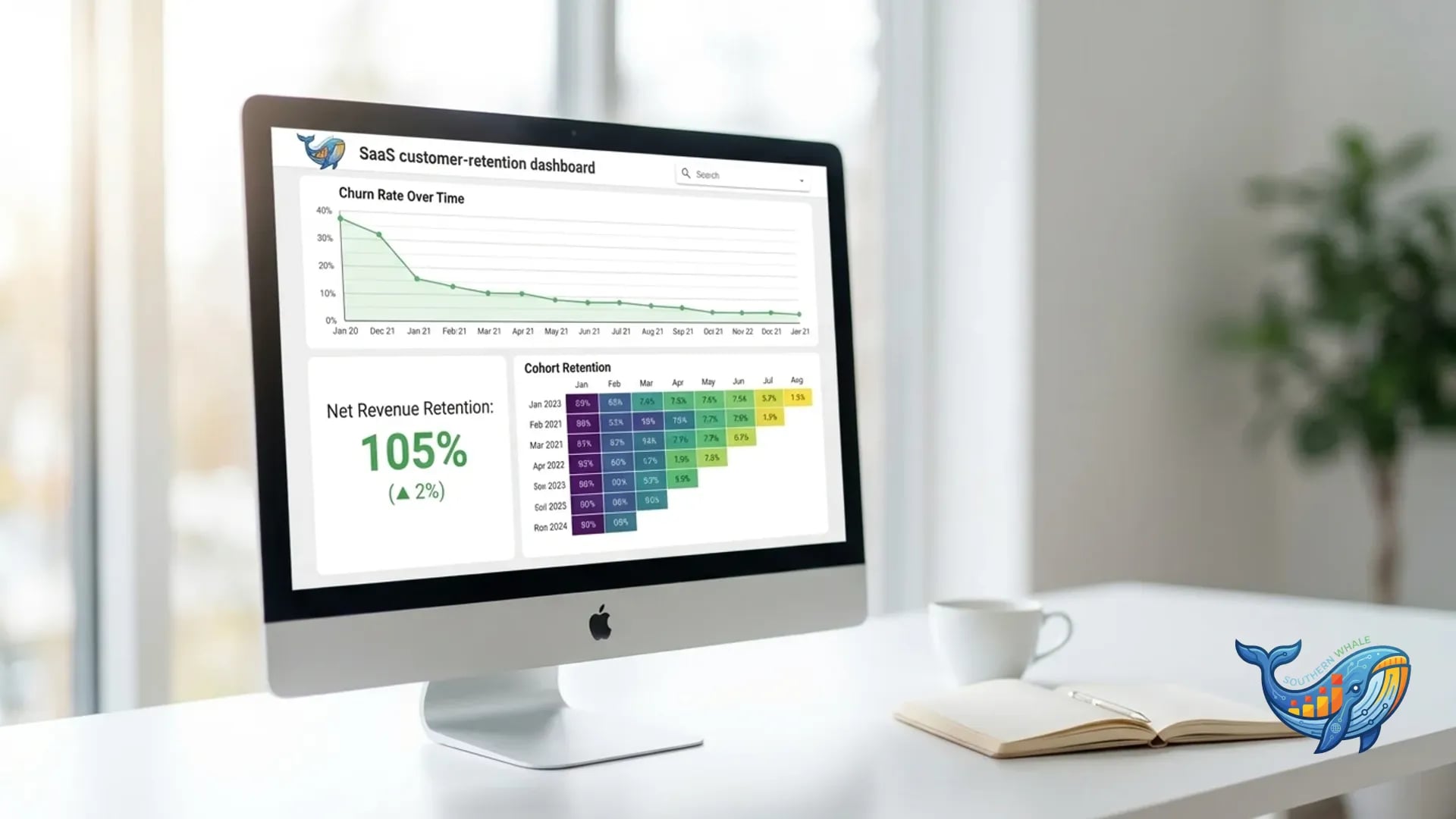 Churn Rate Dashboard แสดง cohort retention curve และ NRR metrics
