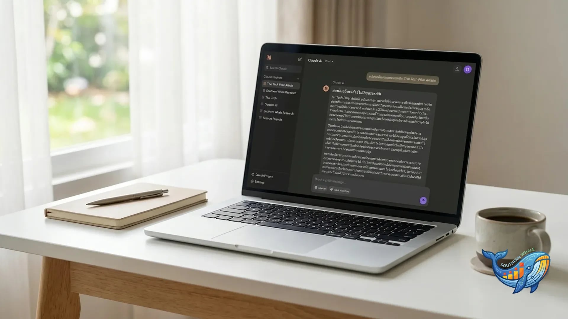 หน้าจอ Claude AI แสดง pillar content writing ภาษาไทย พร้อม Claude Projects panel