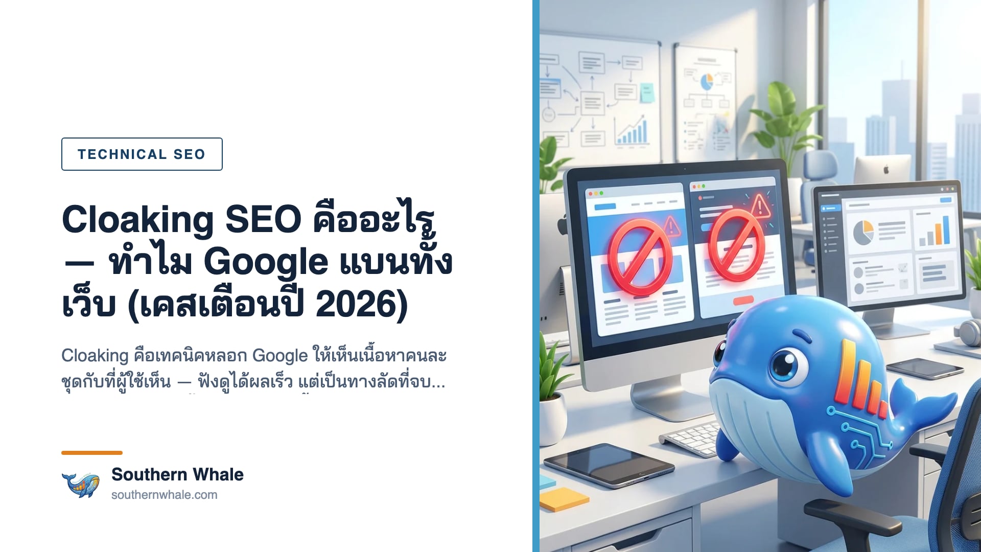 Cloaking SEO คือการแสดงเนื้อหาให้ Googlebot ต่างจากผู้ใช้จริง — ภาพเตือนความเสี่ยงโดนแบน