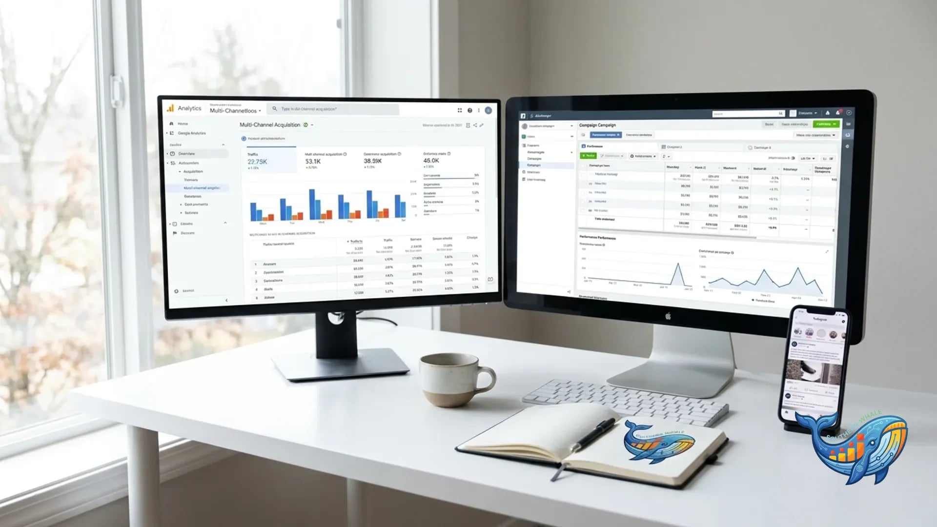 Data-driven marketing dashboard แสดงกราฟข้อมูลลูกค้าและ KPI การตลาดบนหน้าจอ