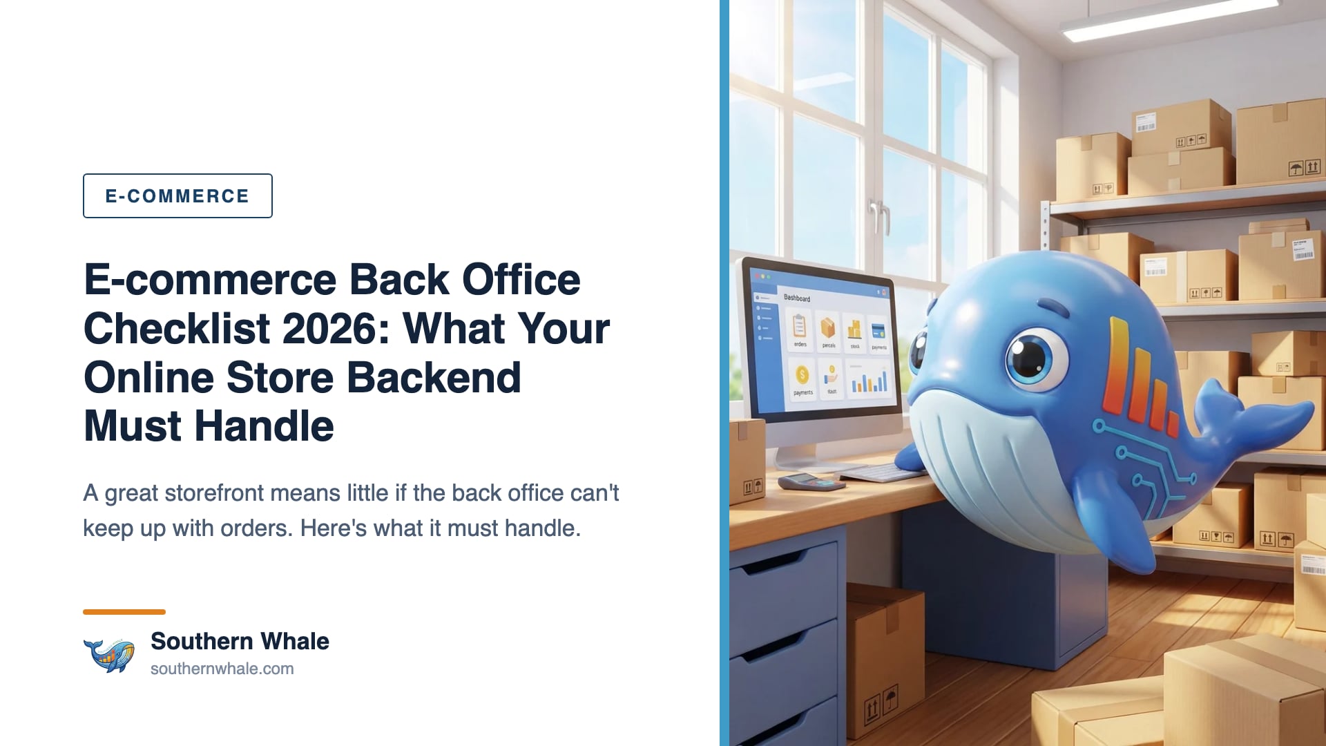 Cute Southern Whale mascot sitting at an online store back office dashboard surrounded by parcels, shipping labels and sales charts