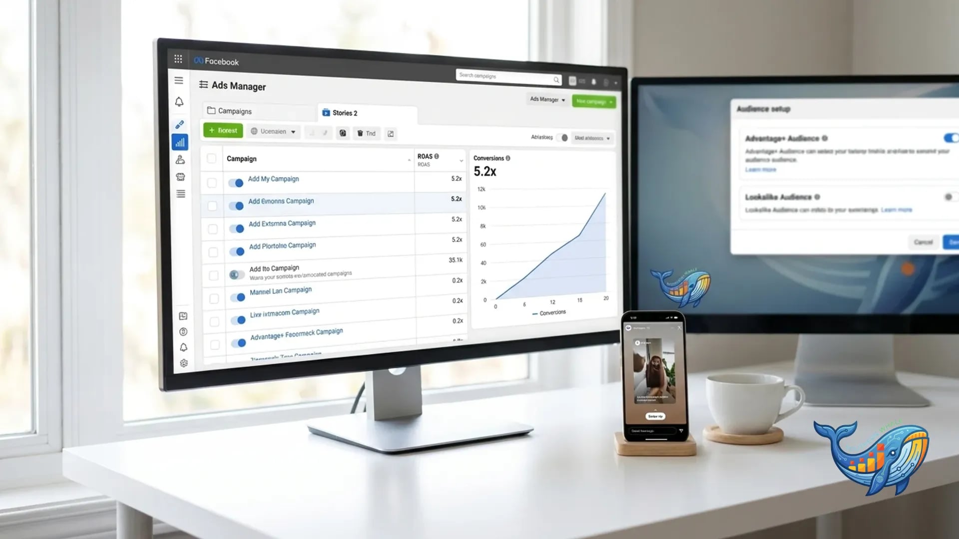 Facebook Meta Ads Manager dashboard แสดง Campaign Performance พร้อม ROAS และ Conversions
