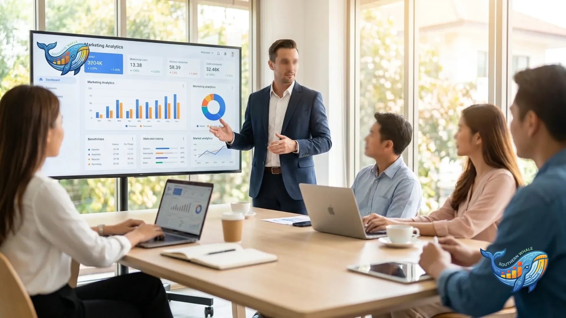 Marketing Leader นำทีมประชุมพร้อม dashboard ข้อมูลและกลยุทธ์ปี 2026