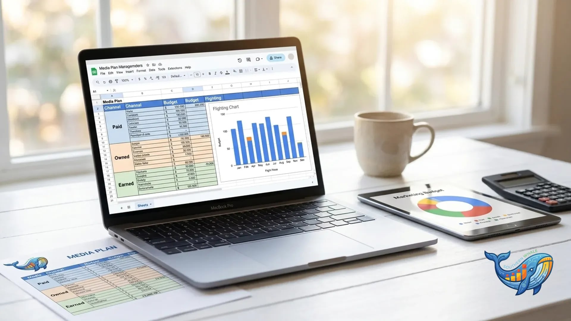 Media Plan Template spreadsheet showing channel allocation across paid owned earned media