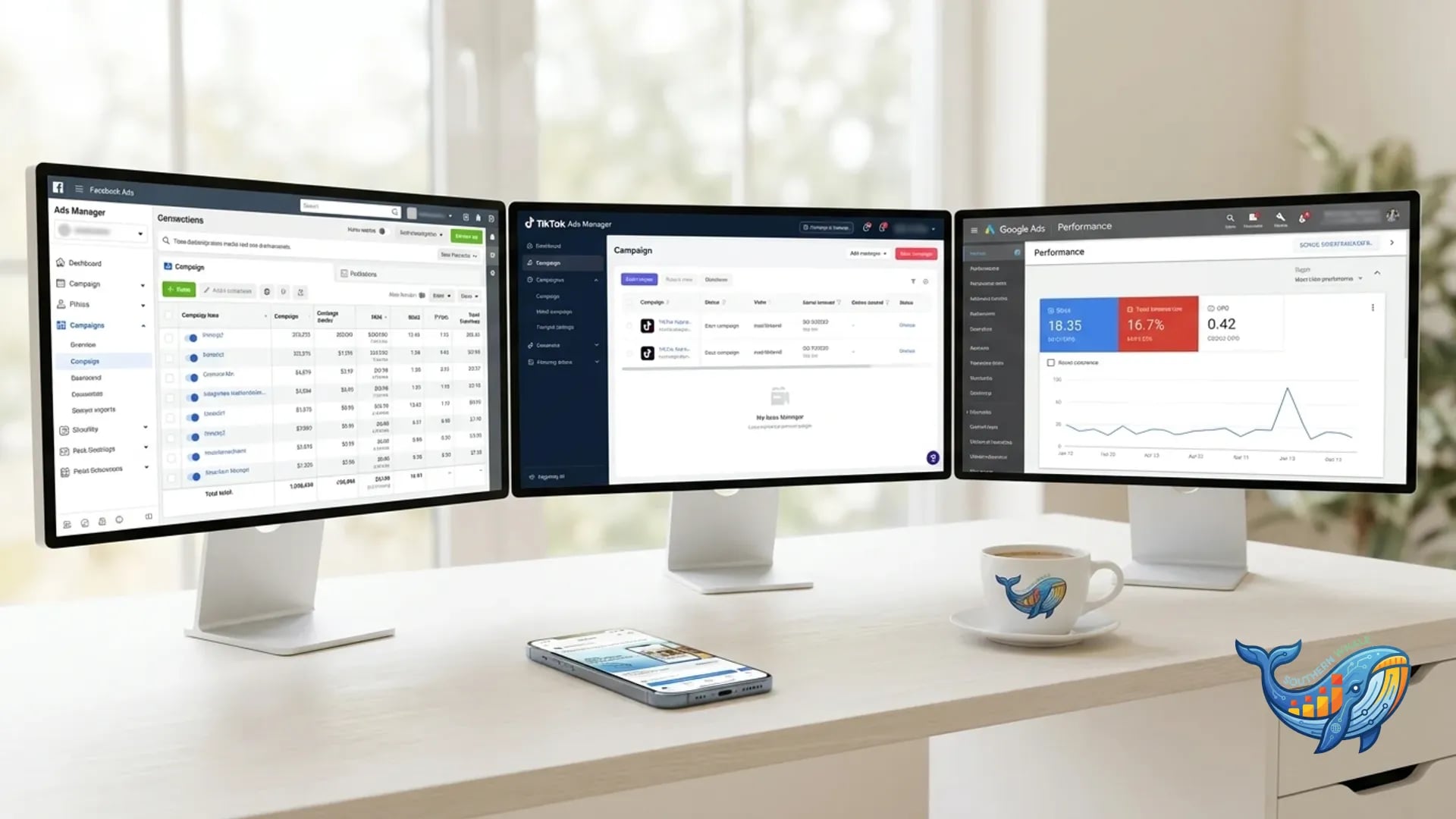 หน้าจอ Google Ads dashboard แสดงโครงสร้างแคมเปญ Search และค่า Quality Score สำหรับมือใหม่ยิงแอดปี 2026