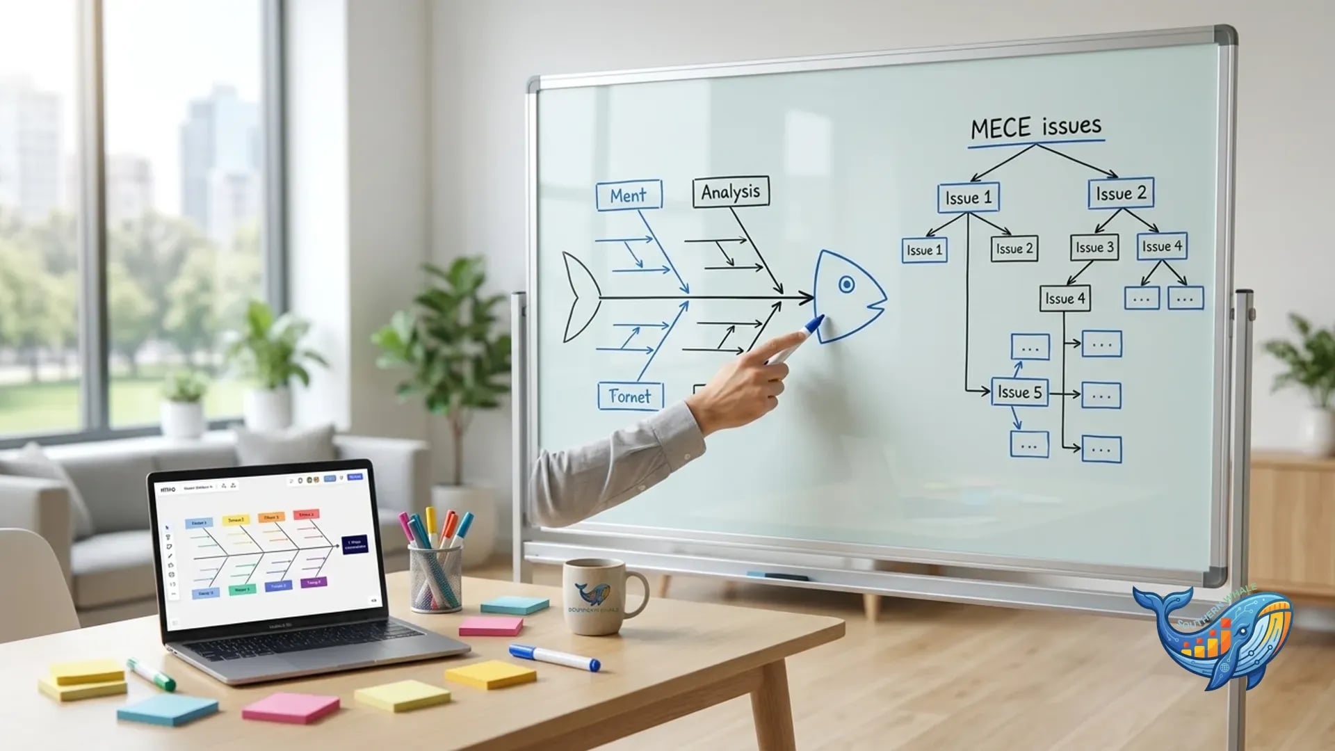 Whiteboard แสดง Fishbone Diagram และ MECE Tree สำหรับวิเคราะห์ปัญหาการตลาด