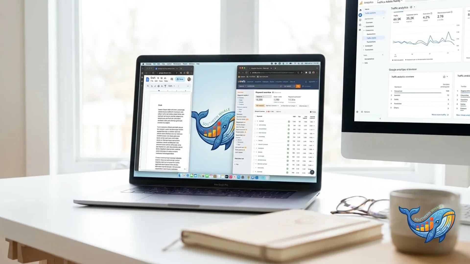 SEO Content Writer กำลังทำงานบนแล็ปท็อปพร้อม Ahrefs และ Google Analytics dashboard