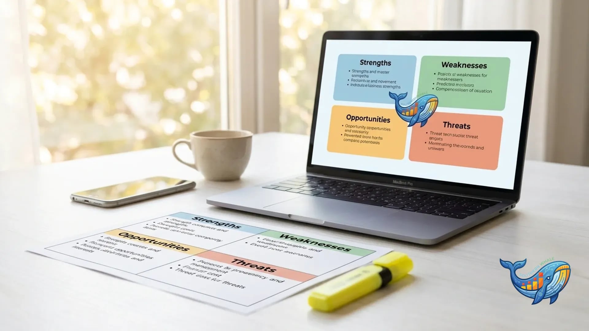 SWOT Analysis Matrix แสดง Strengths, Weaknesses, Opportunities, Threats