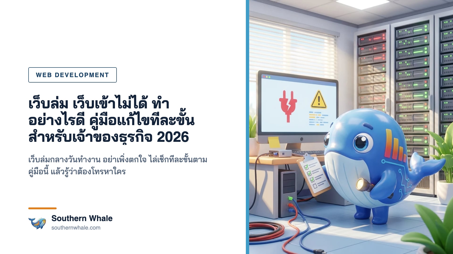 มาสคอตวาฬน่ารักสวมหมวกช่างถือไขควง กำลังซ่อมเซิร์ฟเวอร์ข้างจอที่ขึ้นข้อความเว็บล่ม ในห้องทำงานทันสมัย