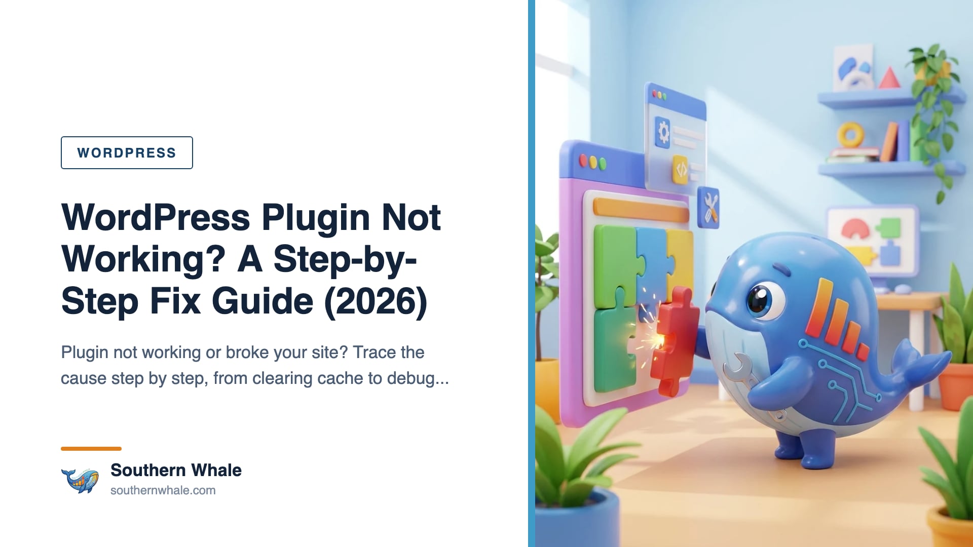 Southern Whale mascot in technician glasses holding a screwdriver, fitting a plugin-shaped puzzle piece into a WordPress screen showing a warning sign in a bright workspace