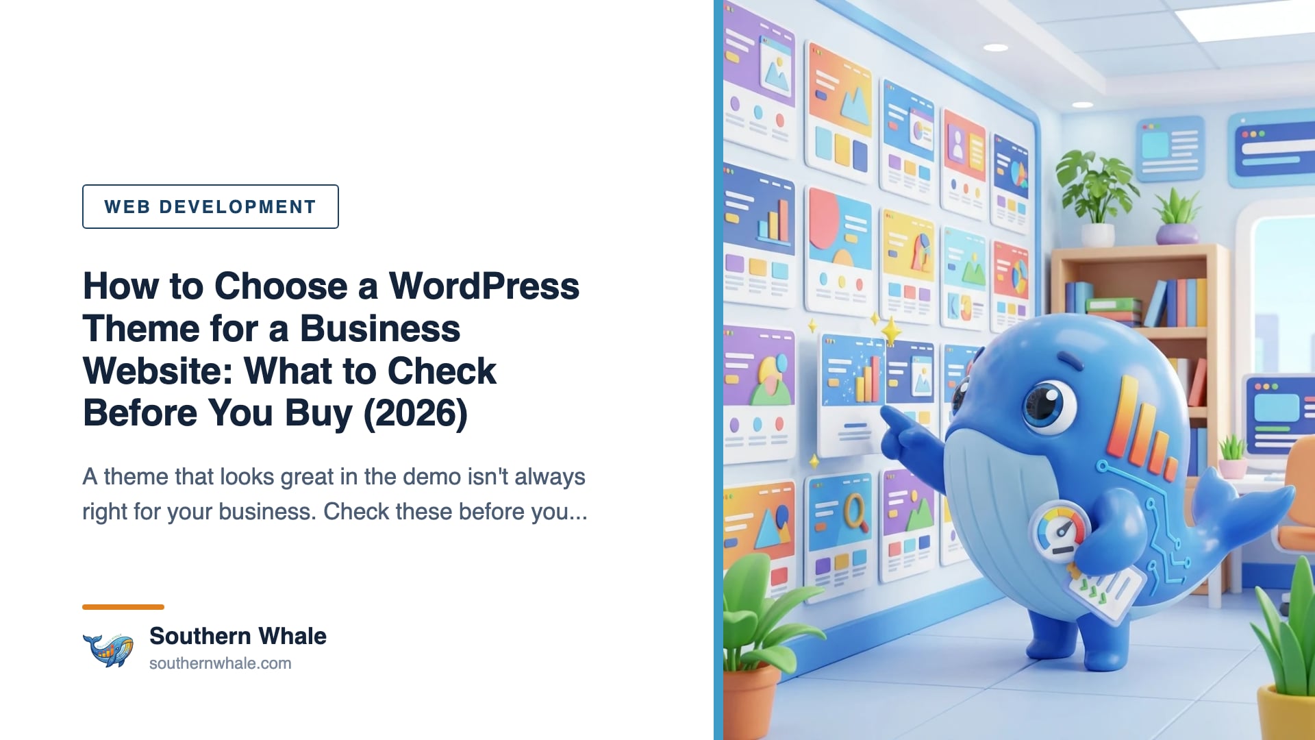 Cute Southern Whale mascot choosing between website theme cards on a large screen, with speed, font and update shield icons floating around