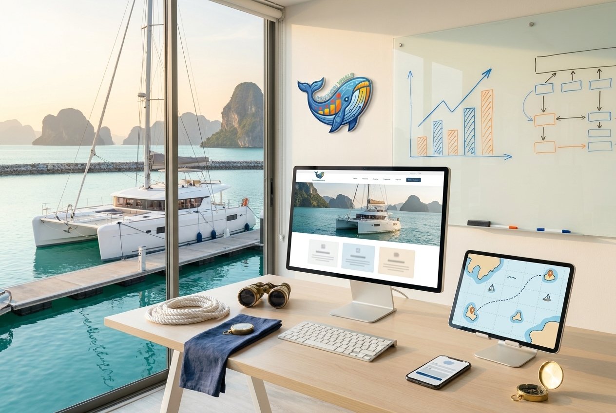 Private yacht charter website shown on a desktop screen, tablet and phone, with a whiteboard trend chart