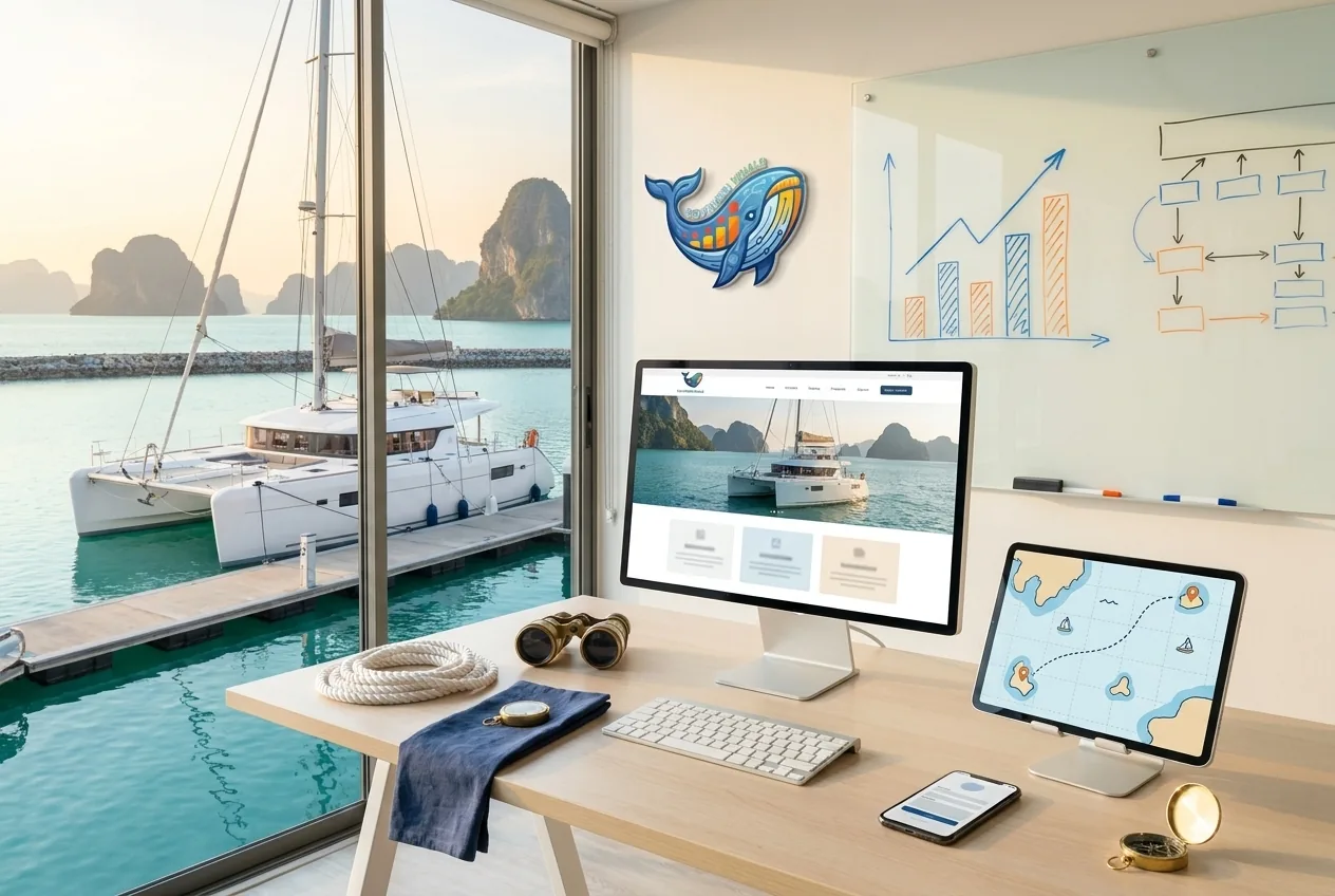 Private yacht charter website shown on a desktop screen, tablet and phone, with a whiteboard trend chart
