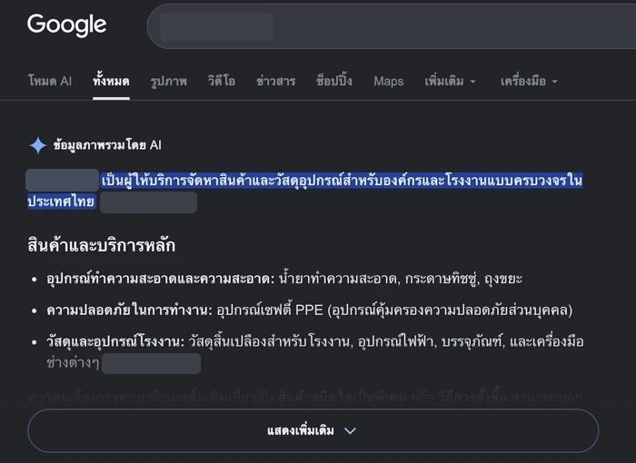 Screenshot of a Google AI Overview describing the company as an end-to-end provider of goods and supplies for organisations and factories in Thailand, with its main products and services grouped into three categories