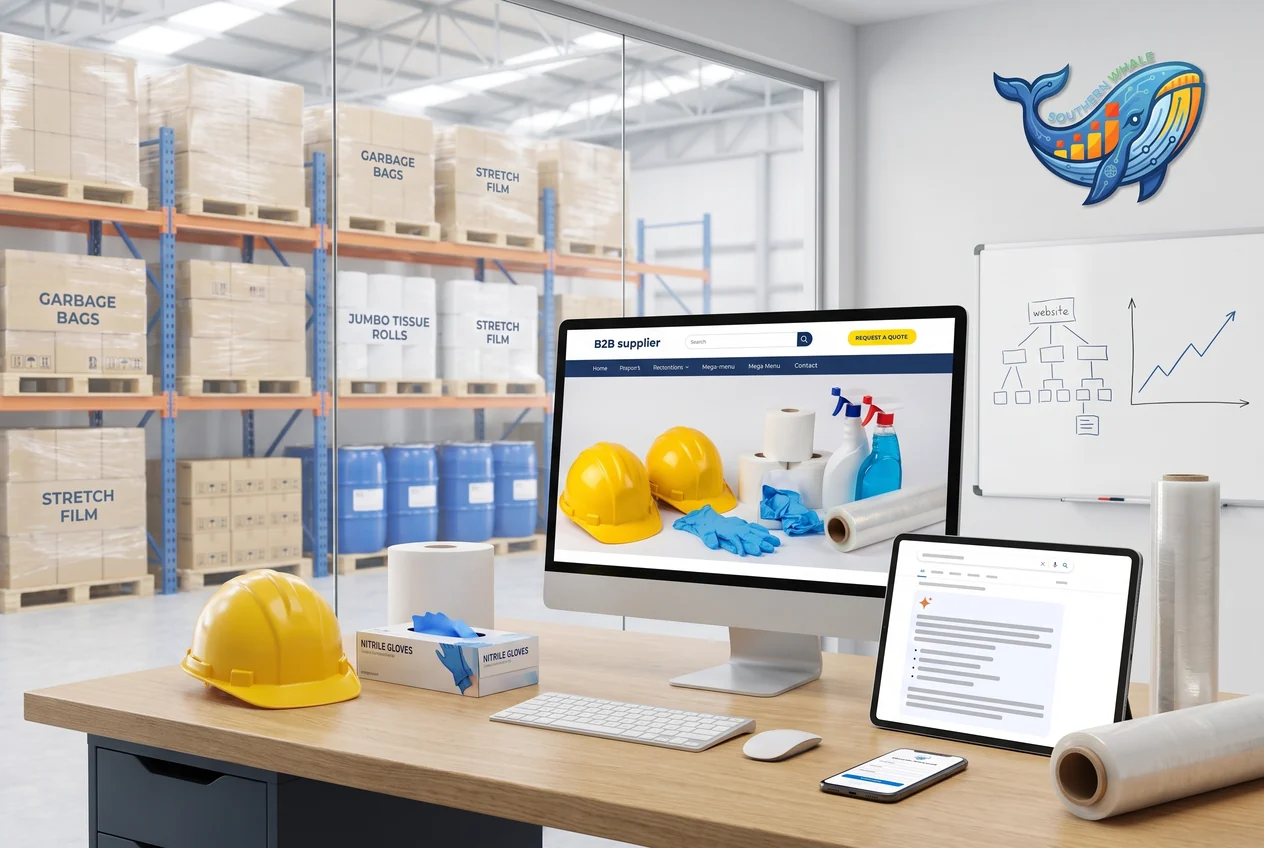 Procurement office desk with a B2B supplier website on the monitor, an AI search answer on a tablet and industrial supplies on the desk