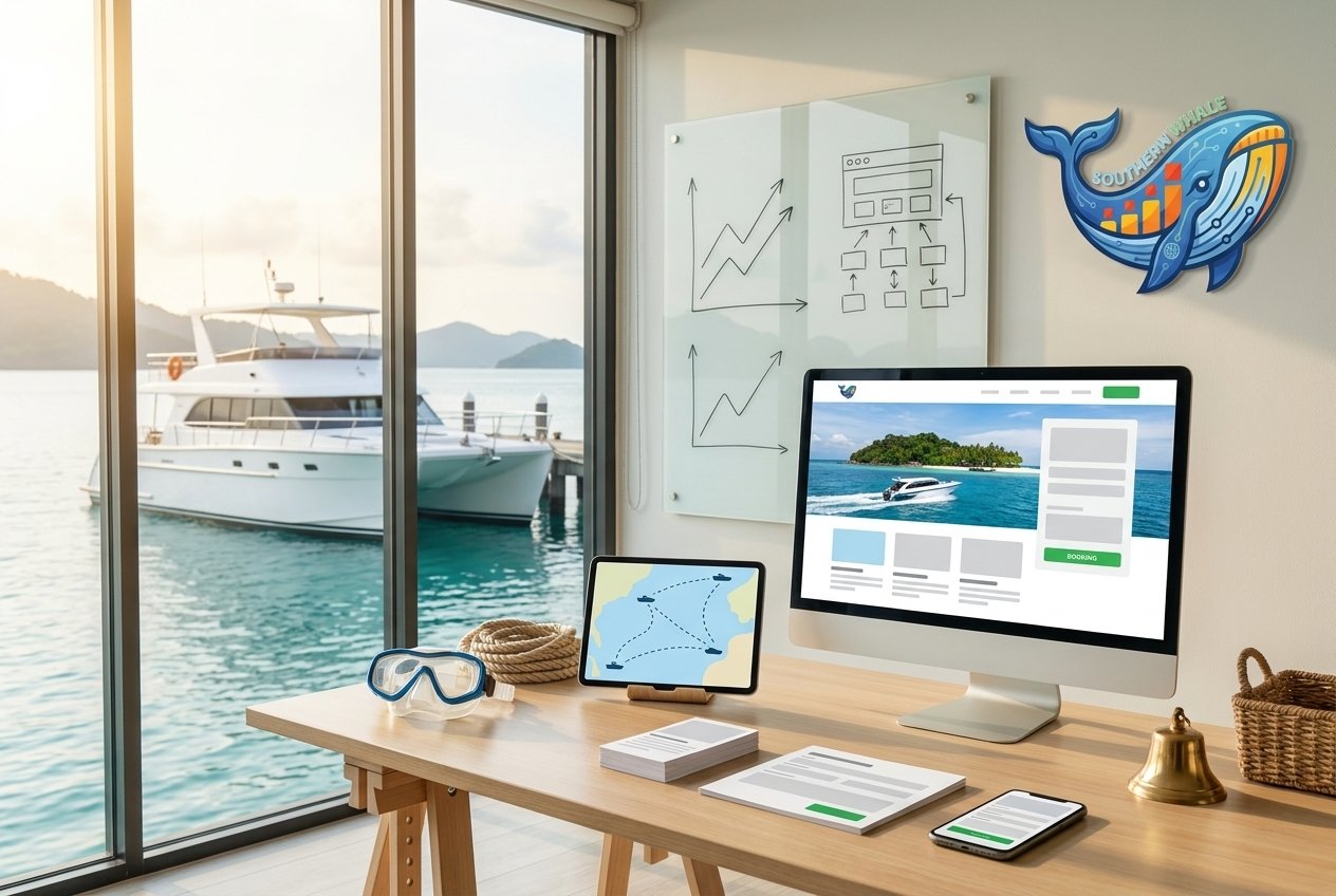 Island boat tour company website shown on a desktop screen, tablet and phone, with a whiteboard trend chart