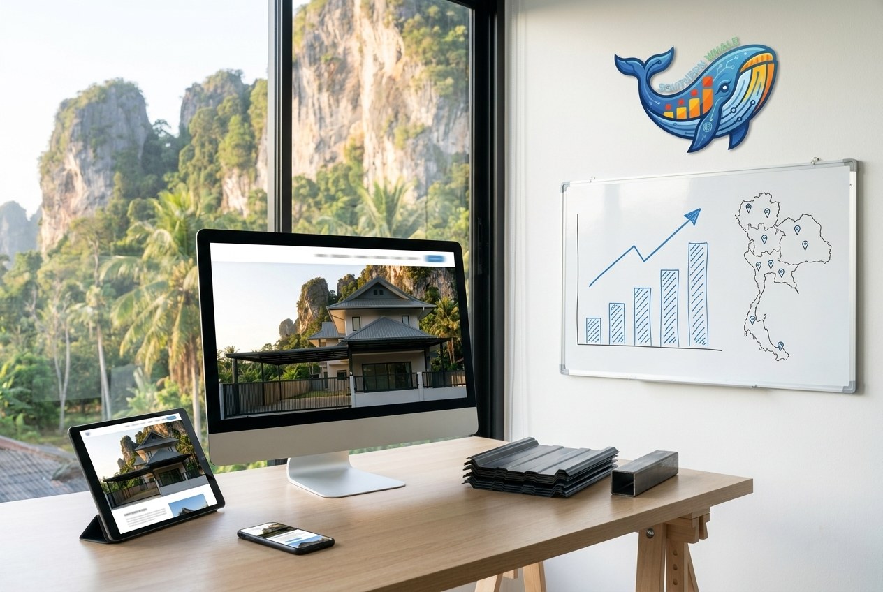 Illustration of a Krabi home extension contractor website on a computer screen, tablet and mobile phone