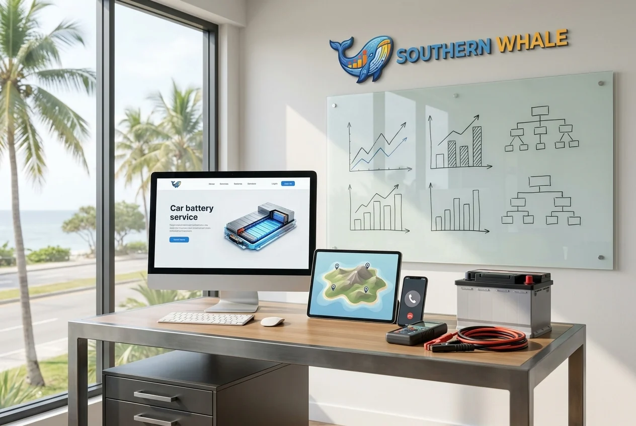Illustration of a mobile car battery replacement website on a desktop monitor, tablet and phone, with a whiteboard showing a trend chart