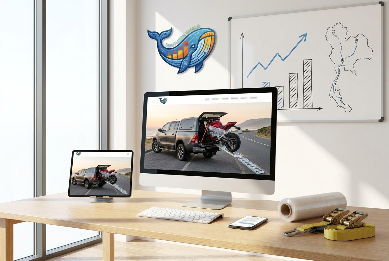 Illustration of a motorcycle transport service website on a computer screen, tablet and mobile phone