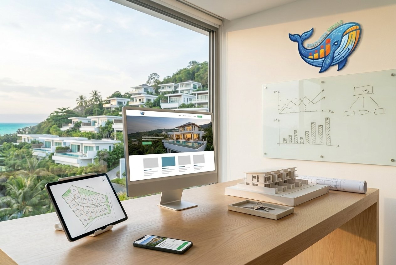 Illustration of a house and villa project website on a desktop monitor, tablet and phone, with a whiteboard showing a trend chart