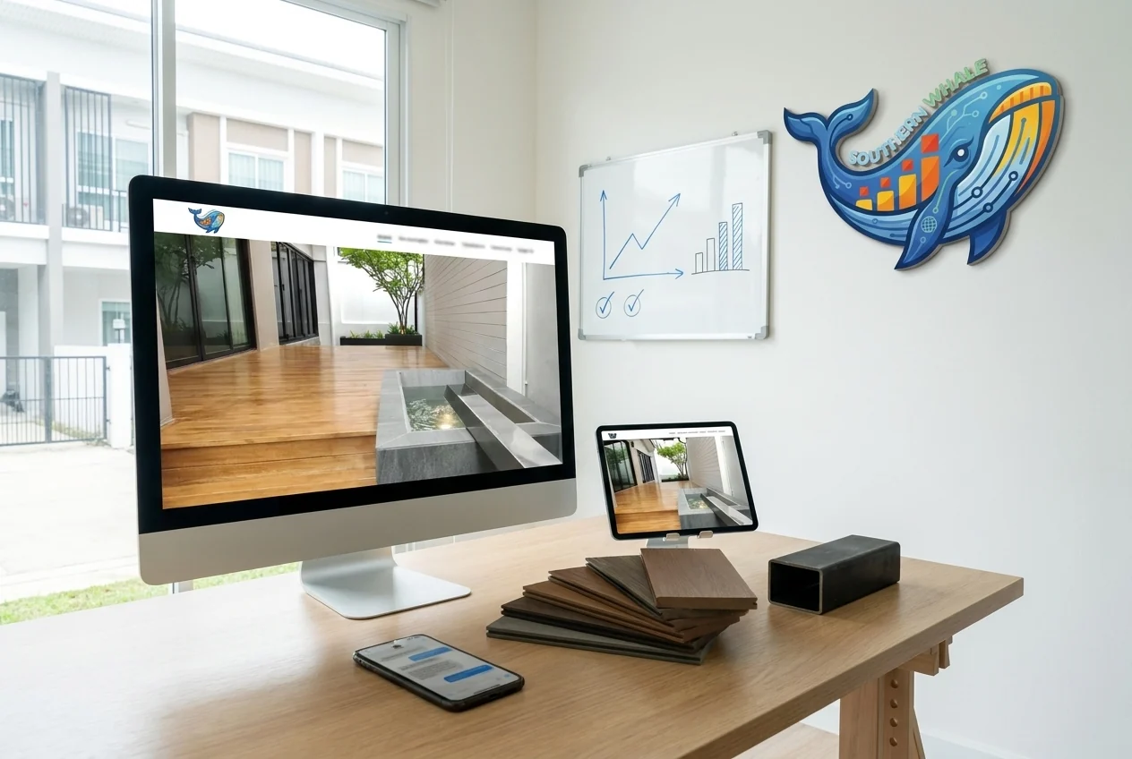 Illustration of the NexSteel Solutions website, a WPC slat and composite decking contractor website on a computer screen, tablet and mobile phone